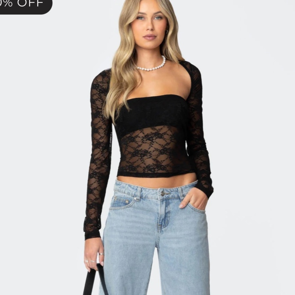 Edikted Black Lace Square-Neck Long Sleeve Top